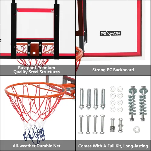 Vista 5 de PEXMOR Kit combinado de aro y portería de baloncesto para montaje en pared, tablero de policarbonato inastillable, marco de acero inoxidable
