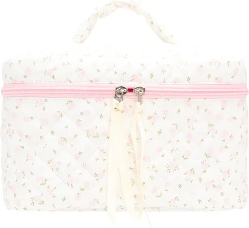 Vista 9 de PAZIMIIK - Bolsa de maquillaje de algodón para mujer, grande, acolchada para viaje, Rosa (Bow Pink), Vintage