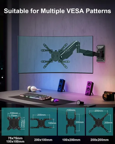 Vista 6 de MOUNT PRO Soporte de pared para monitor para pantallas ultrawide de 17-43", Soporte de pared para monitor de brazo único que soporta hasta 33.1