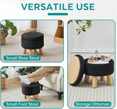 Vista 5 de Taburete pequeño otomano con almacenamiento, reposapiés otomano Sherpa para sofá, reposapiés redondo con almacenamiento, otomanas pequeñas y Negro