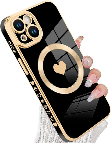 Vista 35 de tharlet Funda Magnética para iPhone 11 [Compatible con Magsafe] Lindo Corazón de Amor de Lujo Chapado Borde Dorado Parachoques con Lente de Cámara