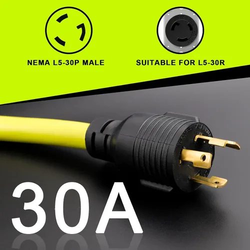Vista 3 de Cable Adaptador de Generador RV de 30 Amperios a 20 Amperios 110, Adaptador de Distribución NEMA L5-30P a 3X 5-15R/5-20R con Indicador de Energía