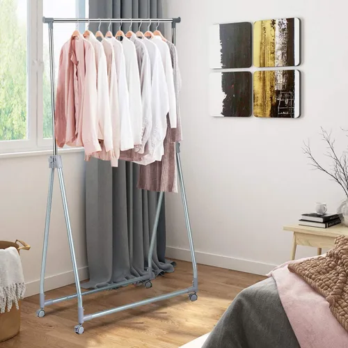 Vista 4 de Tangkula Perchero extensible para ropa, resistente y plegable con barra para colgar ajustable, colgador de ropa rodante para oficina en casa