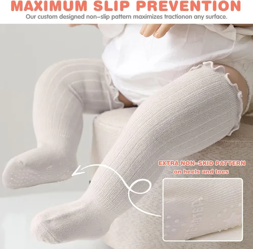 Vista 2 de Calcetines hasta la rodilla para bebé niña, calcetines antideslizantes para niños pequeños, tubo con volantes, uniforme para recién nacidos, 5 pares