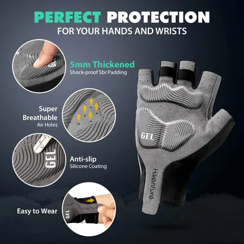 Vista 3 de Hikenture Guantes de ciclismo para hombre, guantes de bicicleta, guantes de ciclismo acolchados de 0.197in, guantes de bicicleta de medio dedo