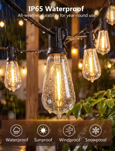 Vista 3 de Tira de luces LED ST40 de 20 pies para exteriores con 22 bombillas Edison vintage inastillables, tira de luces para patio, impermeable, para patio