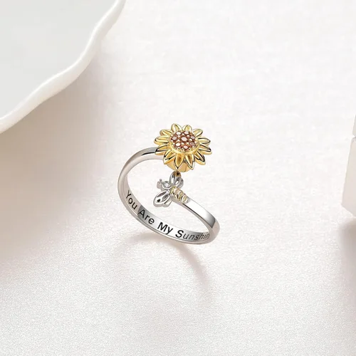 Vista 4 de Sunflower You are My Sunshine Jewelry - Collar de plata de ley 925 con colgante de girasol lindo collar de abeja ajustable, anillo abierto