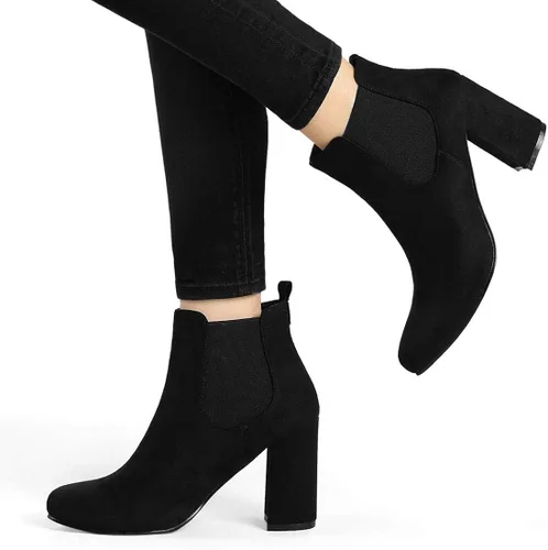 Vista 2 de Allegra K Botas Chelsea de tacón alto grueso con punta redonda para mujer