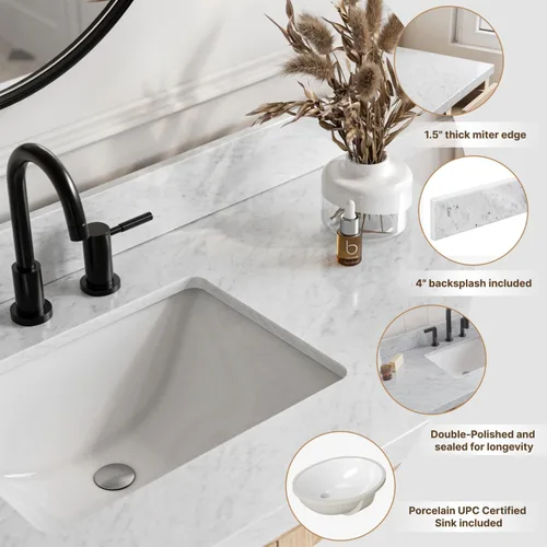 Vista 4 de DKB Bradford - Mueble de baño individual negro de 42 pulgadas con fregadero rectangular, encimera de mármol italiano de carrara con borde de 1.5