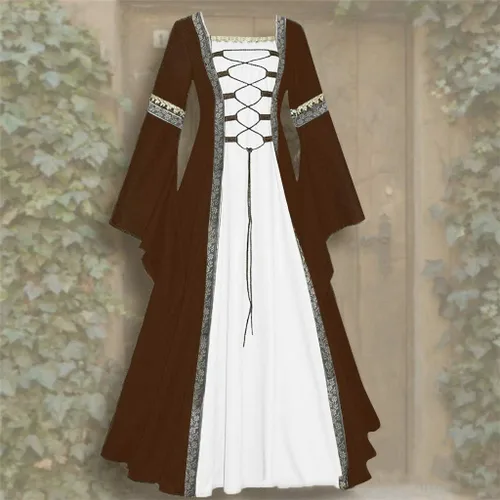 Vista 2 de Vestido medieval renacentista para mujer vestido gótico vestido vintage hasta el suelo cuello cuadrado manga acampanada 01Caqui vino verde negro
