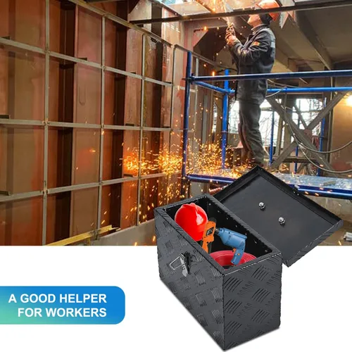 Vista 5 de Caja de herramientas de aluminio negro resistente de 16 x 7.5 x 10 pulgadas con cerraduras y llave de cierre con mango en T, caja de herramientas