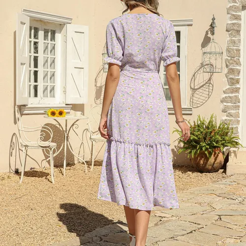 Vista 5 de Vestido de gasa con mangas abombadas y estampado floral, bohemio, con cuello en V cruzado, cintura con lazo, dobladillo con volantes y abertura