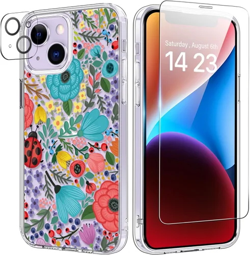 Vista 71 de bicol Funda para iPhone 14 Plus con Protector de Pantalla y Lente de Cámara - Diseños Florales de Moda para Mujeres y Niñas - Funda Transparente
