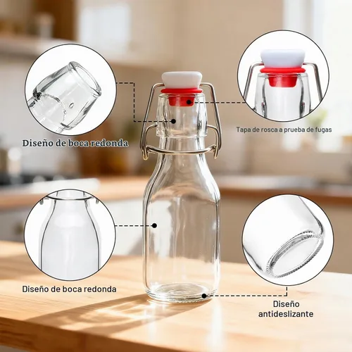 Vista 3 de Paquete de 12 botellas de vidrio con tapa abatible de 4 onzas con tapas herméticas, botellas de vidrio con tapa abatible para elaboración casera