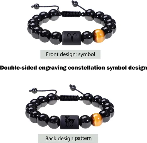 Vista 2 de SUMMER LOVE Father's Day Gifts Zodiac Bracelet for Men Women 10mm Natural Black Onyx Stone Star Sign Constellation Beaded Protection Bracelet