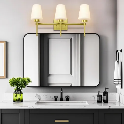 Vista 8 de Lámpara de baño de latón cepillado, 3 luces de 24 pulgadas, aplique de pared moderno con pantalla de vidrio para sobre el espejo, clasificación