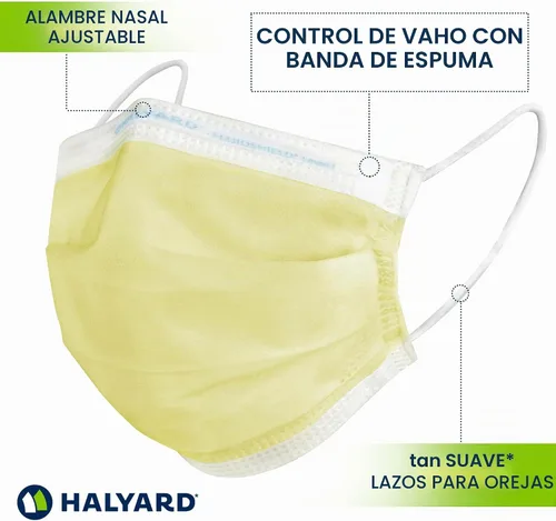 Vista 3 de HALYARD FLUIDSHIELD 1 Máscara desechable de procedimiento con forro tan suave y cintas elásticas para las orejas, amarillo, nivel 1, 25867