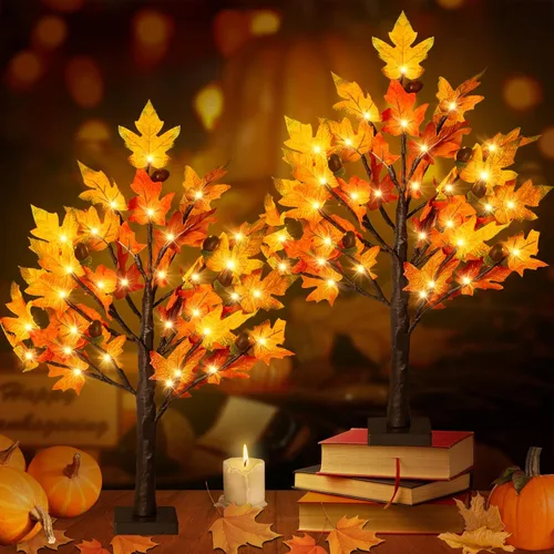 Vista 9 de Árbol de arce de otoño iluminado de 1.5 pies, lámpara de mesa de Acción de Gracias con 36 luces LED, hojas de arce, 6 bellotas, función