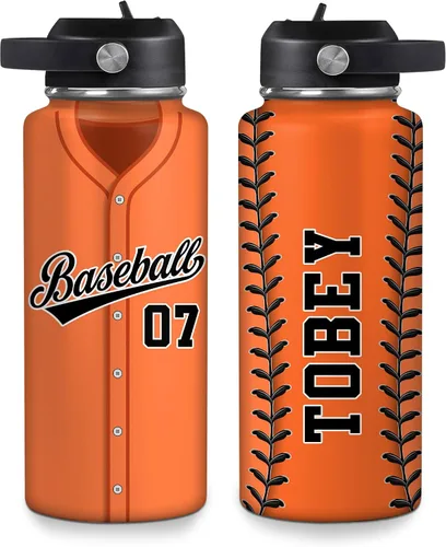 Vista 15 de Hyturtle Botella de agua de béisbol personalizada, botella de acero inoxidable aislada de viaje con tapa a prueba de fugas, 18 onzas, 32 onzas