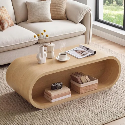 Vista 14 de Mesa auxiliar ovalada de 43.3 pulgadas con almacenamiento, mesa de centro acanalada con parte superior elevable, mesa central moderna de mediados