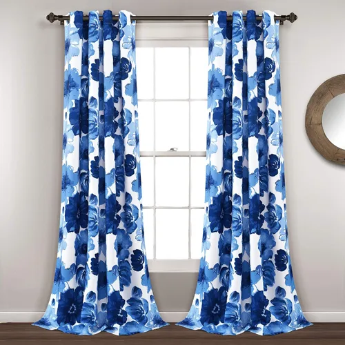 Vista 9 de Lush Decor Julie - Paneles de cortinas de ventana con aislamiento floral y ojales 100% opacas, par, 38" de ancho x 95" de largo, azul y verde Azul