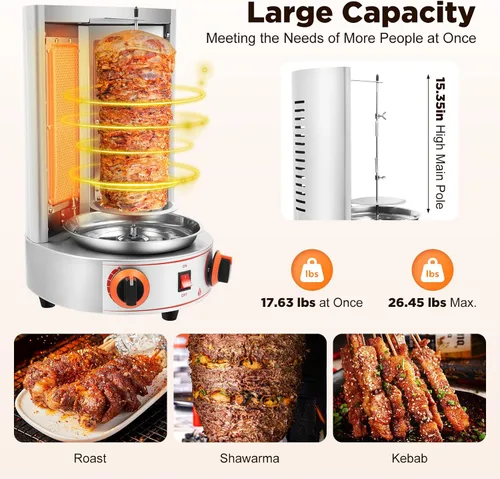 Vista 3 de Máquina de Asador de Shawarma Eléctrica Weglae, Asador Vertical de Acero Inoxidable, Máquina de Barbacoa Comercial, Máquina Rotisserie de Encimera