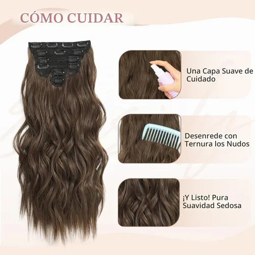 Vista 7 de Fliace Extensiones de cabello con clip para mujer, extensiones de cabello ondulado largo de color marrón medio, extensiones de cabello sintético