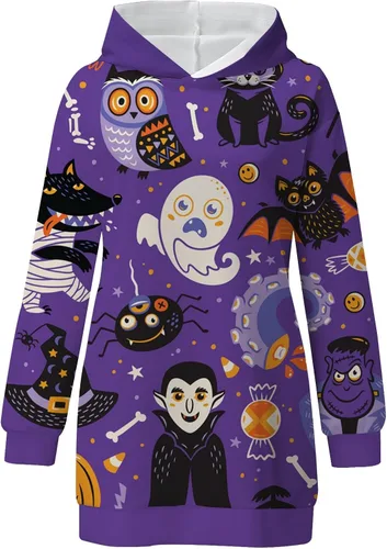 Vista 3 de Disfraz de Halloween para mujer para otoño e invierno sudadera con capucha vestido estampado para 2022