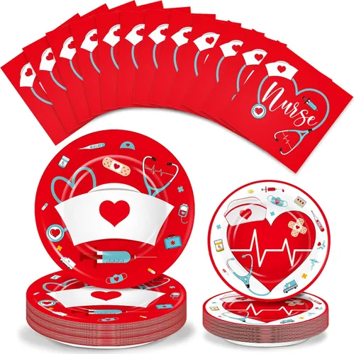 Vista 8 de 200 piezas de decoraciones de fiesta de enfermería de graduación, platos de fiesta de la semana del médico, incluye platos desechables de papel de 9