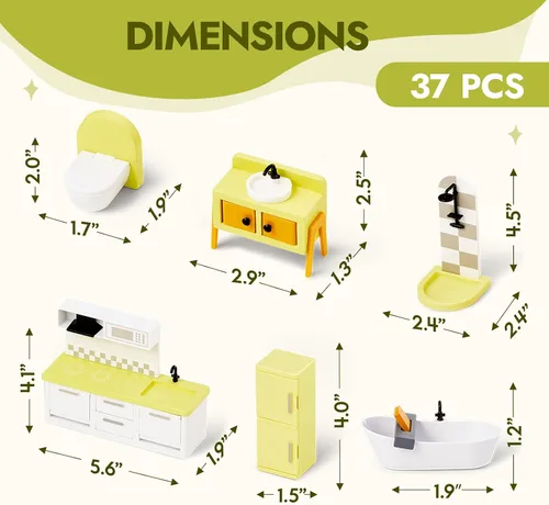 Vista 7 de Giant Bean 37 piezas de muebles de madera y plástico verde para casa de muñecas, juego de cocina y baño, accesorios modernos de madera para casa