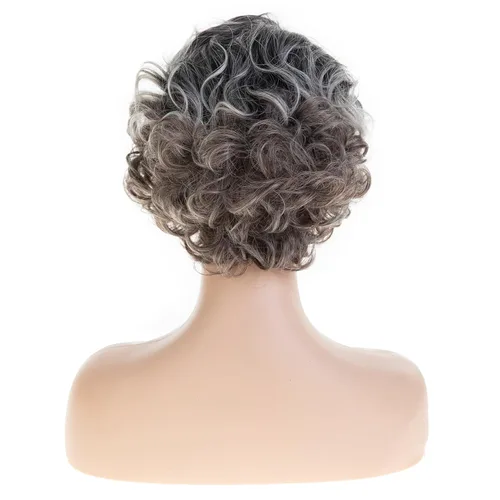 Vista 4 de Pelucas cortas rizadas y esponjosas para mujer, peluca sintética resistente al calor para Halloween, cosplay, peluca de pelo Gris mezclado