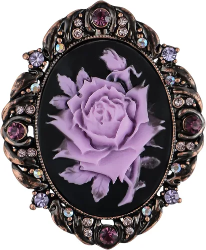 Vista 12 de Alilang Broche de pasador de camafeo con flores de cristal rosa antiguo inspirado en la vendimia Negro