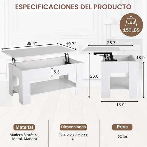 Vista 2 de Mesa auxiliar moderna, blanca, elevadora, madera, estante de almacenamiento, 28 x 28 x 24 pulgadas