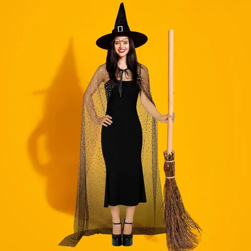 Vista 5 de Toulite Juego de 2 piezas de disfraz de bruja de Halloween, luna dorada, estrella, capa con capucha, capa de bruja con capucha para mujer, cadena
