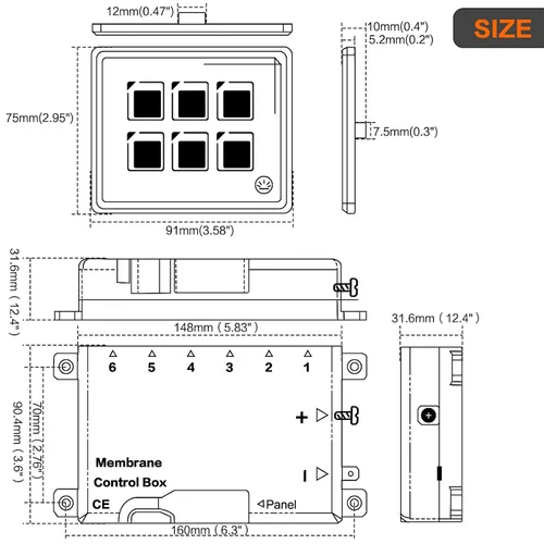 Vista 6 de Panel de interruptor de membrana táctil de 6 bandas con retroiluminación LED Panel de interruptor programable con botón momentáneo con caja