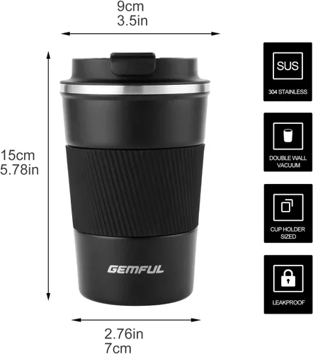 Vista 2 de GEMFUL Taza de viaje de café a prueba de fugas con tapa, 13 onzas, aislada al vacío, de acero inoxidable, vaso de café a prueba de derrames