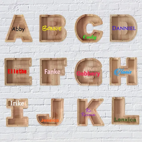 Vista 2 de Alcancía personalizada con nombre de madera con nombre de la A a la Z, alfabeto de la A a la Z, para decoración del hogar para niños y adultos