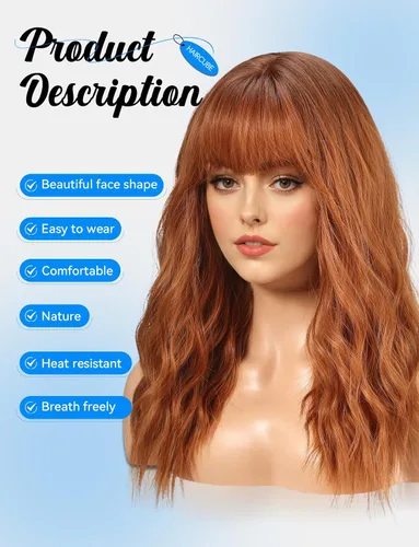 Vista 2 de HAIRCUBE Peluca larga con flequillo, pelucas sintéticas onduladas para mujer, color castaño rojizo