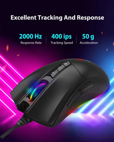 Vista 5 de Gigastone Mouse para juegos con 16000 DPI ajustable, retroiluminación RGB, sensor óptico, 10 botones programables, mouse RGB para juegos con memoria