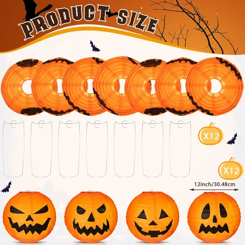 Vista 3 de Retisee 12 faroles de papel de calabaza de Halloween de 12 pulgadas, farol de calabaza naranja, farol de papel para fiesta de Halloween, calabaza