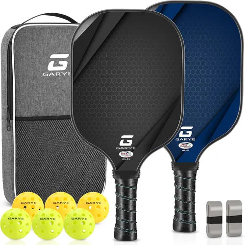 Vista 12 de GARYE Juego de 2 palas de pickleball aprobadas por USAPA, juego de pickleball de fibra de carbono, raquetas ligeras de pickleball, paquete de 2