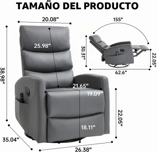 Vista 2 de Silla reclinable manual con masaje vibratorio, reclinable giratorio con control remoto, mecedora con calor lumbar, sillas reclinables con bolsillos