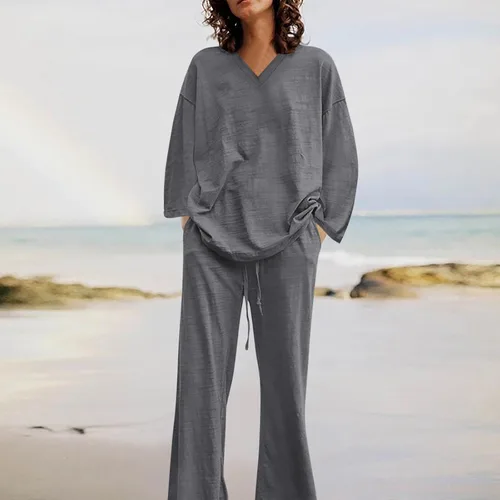 Vista 6 de ZDRZK Beach Sets Women 2 Piece Outfits Cotton Linen Matching Lounge Set Oversized Long Sleeve Tshirt And Pants Sweatsuit