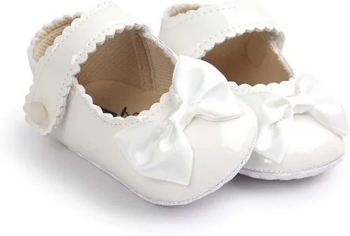 Vista 4 de Meckior - Zapatos bajos y livianos para bebés estilo Mary Jane con suela suave y lazo decorativo para vestidos de princesa o bodas para niñas que