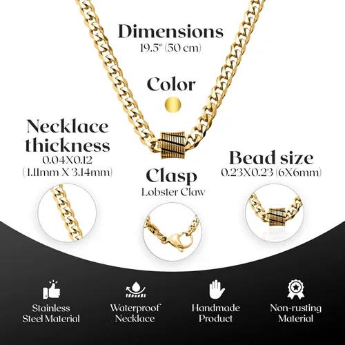 Vista 4 de Galis Classic Chains For Men - Cuban Link Chain with Small Bead Pendant, Diamond-Cut Stainless Steel, Waterproof Silver Plated Men's Necklace, Gold