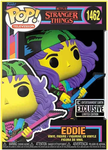 Vista 4 de Funko Pop! Stranger Things Eddie con guitarra, figura de vinilo con luz negra #1462 - Exclusiva de Entertainment Earth