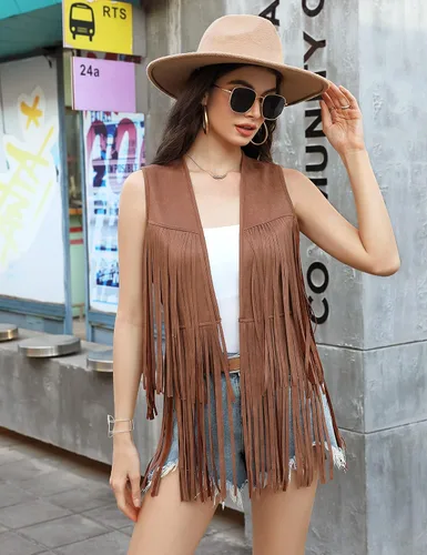 Vista 3 de KOJOOIN Chaleco de flecos para mujer, estilo hippie occidental, de los años 70, de ante sintético, sin mangas, con flecos, Marrón