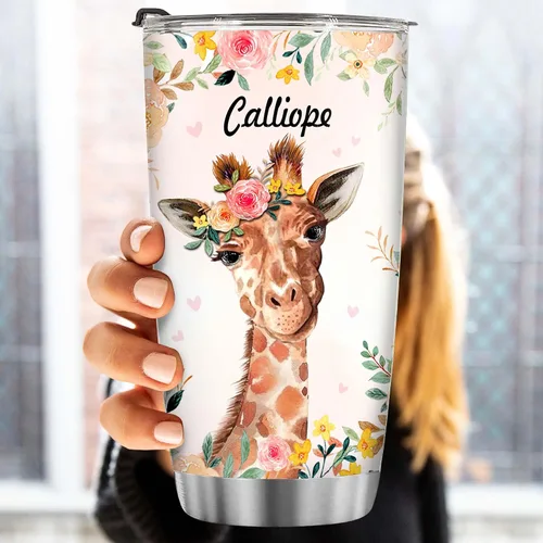 Vista 4 de BECHUSKY Vaso de acero inoxidable personalizado con aislamiento al vacío de flores de jirafa con tapa Just A Girl Who Loves Giraffes, taza de café