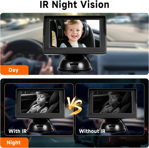 Vista 6 de VECHTEL Cámara de coche para bebé HD con orientación trasera para bebé con monitor de 4.3 pulgadas, visión nocturna IR, gran angular, fácil
