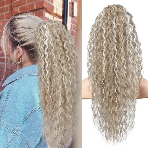 Vista 26 de Flufymooz Extensión de cola de caballo, 22 pulgadas, estilo bohemio, con cordón, extensiones de cabello para mujer, cola de caballo larga, rizada
